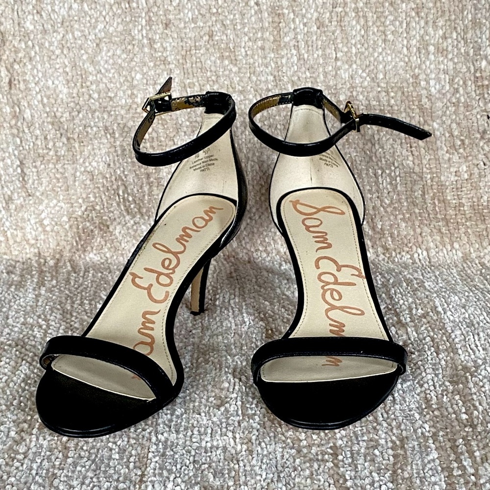 Sam Edelman Patti Black Leather Ankle Strap Sandal Heels, Size 7